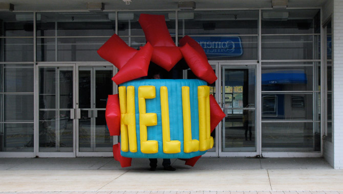 Hello. Bye. Jimmy Kuehnle's new inflatable suit under a roof in Battle Creek, Michigan
