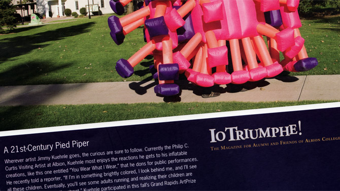 Back cover photo of Jimmy Kuehnle's inflatable suit in the Io Triumphe at Albion College