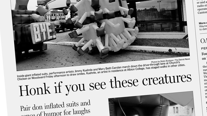 Honk if you see these creatures Article by Santiago Esparza in The Detroit News about Jimmy Kuehnle's inflatable suits