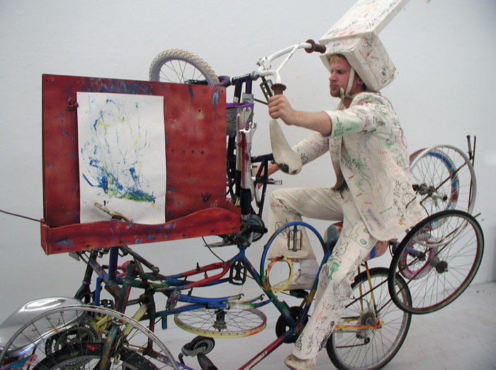 Jimmy KUehnle testing the Drawing Bicycle in the studio.