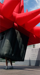 Jimmy Kuehnle unpacks his inflatable suit in Nagoya, Japan.