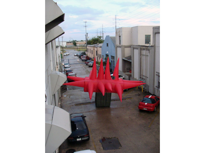 Above view of inflatable suit near UTSA Satellite Space in San Antonio, Texas