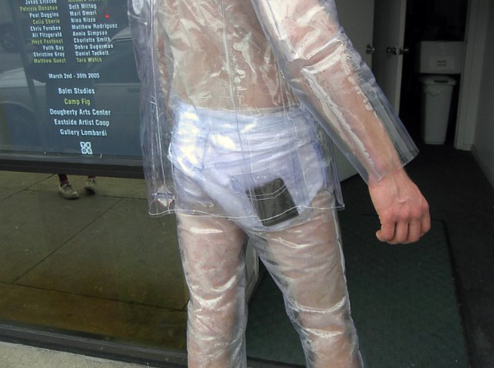 Jimmy Kuehnle in an invisible plastic vinyl suit.